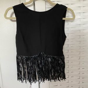 black crop top with leather fringe detail